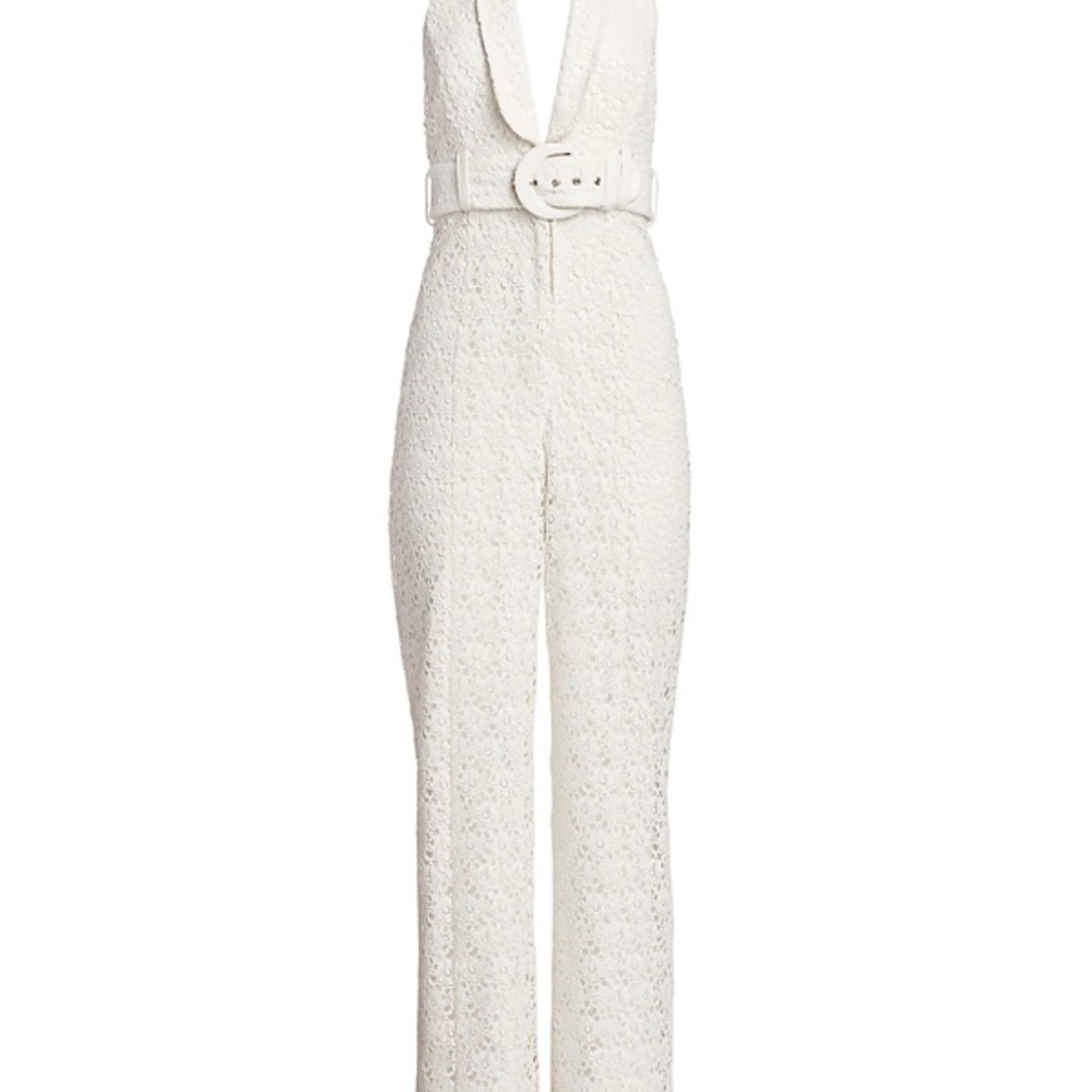 Zimmerman white lace halter jumpsuit with plunge neckline